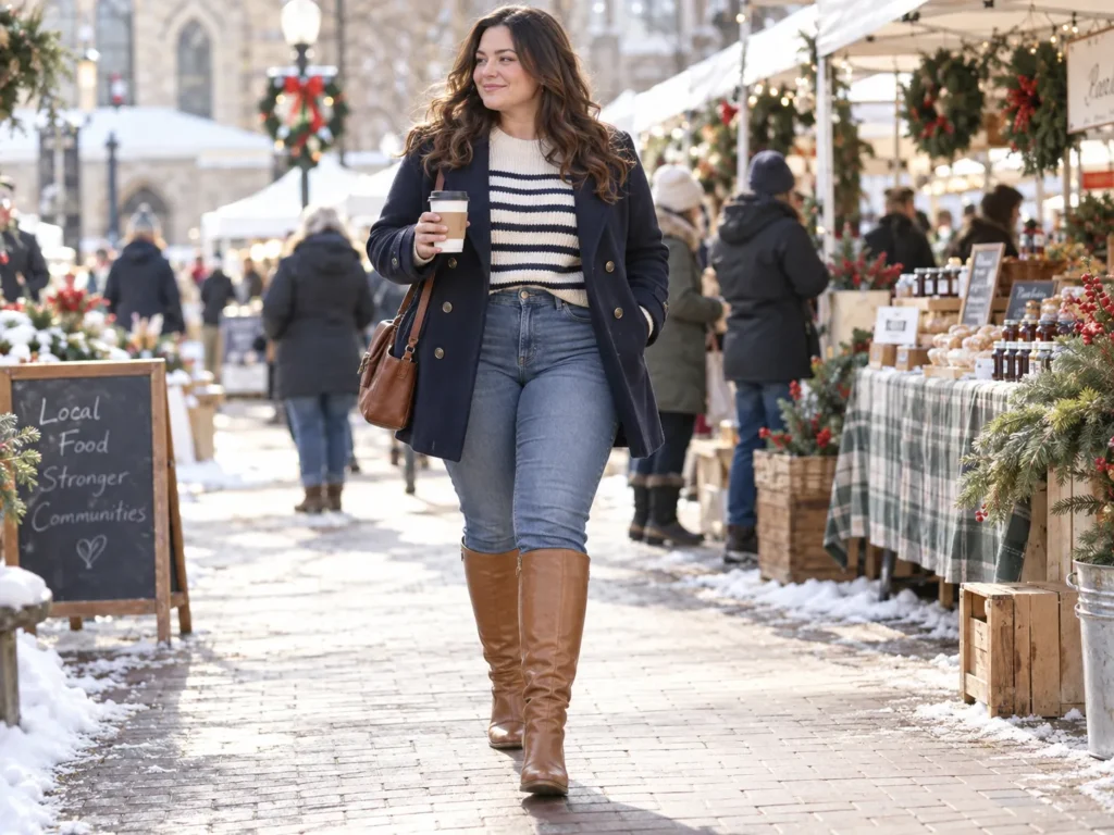 Mid-Wash Straight Jeans + Striped Knit & Peacoat