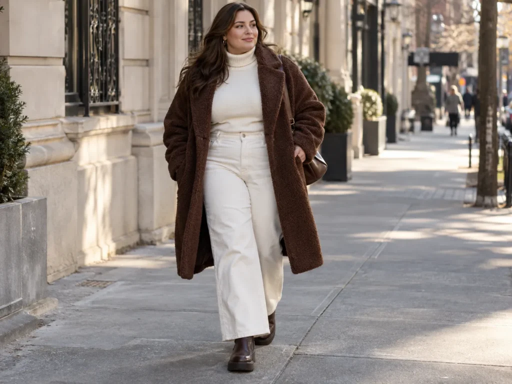 Winter White Wide-Legs + Chocolate Teddy Coat